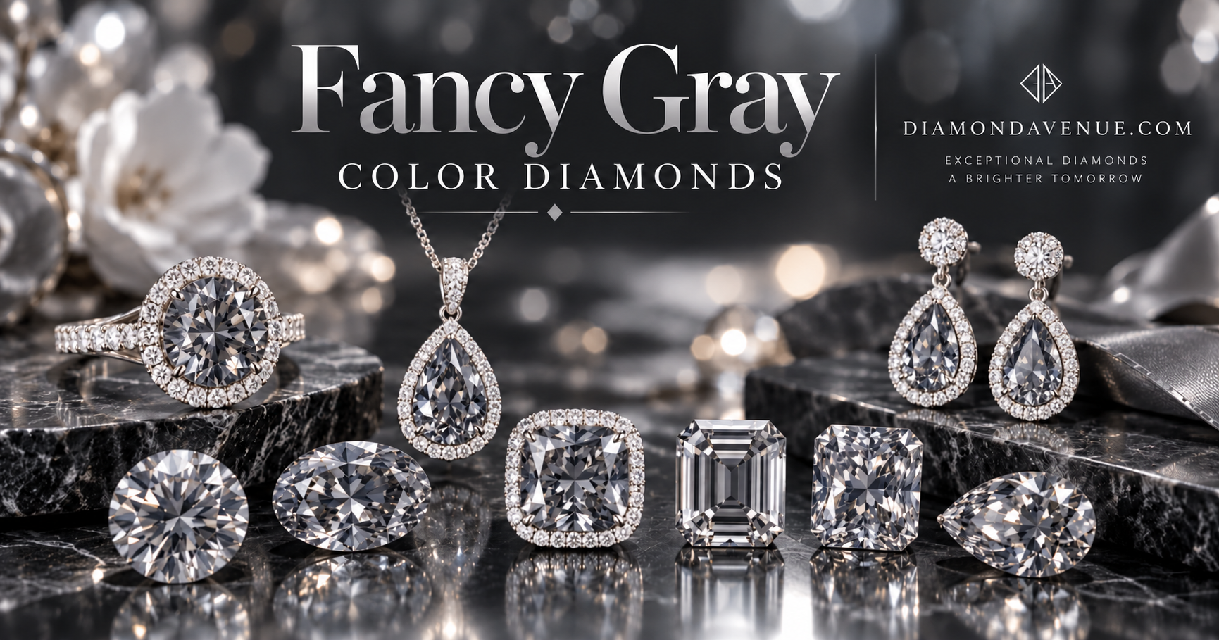 Montage of fancy gray diamonds displaying different gray diamond colors and tones