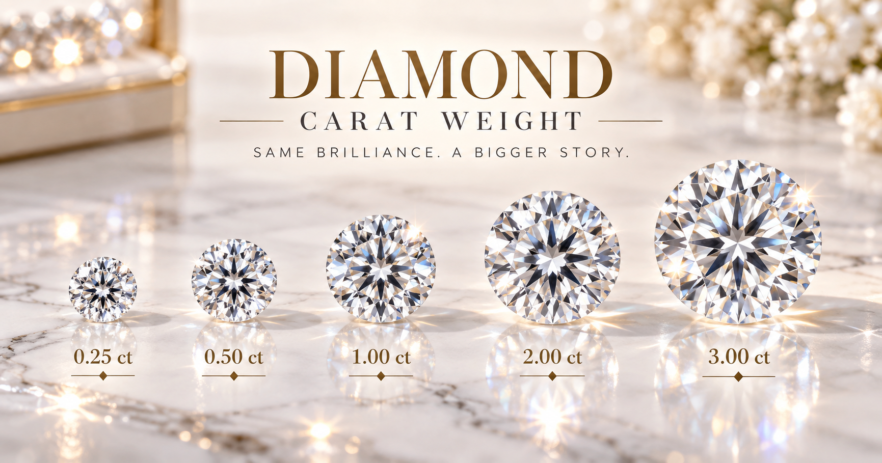 Diamond Carat Weight Comparison Diamond carat weight comparison showing diamonds of different carat weights