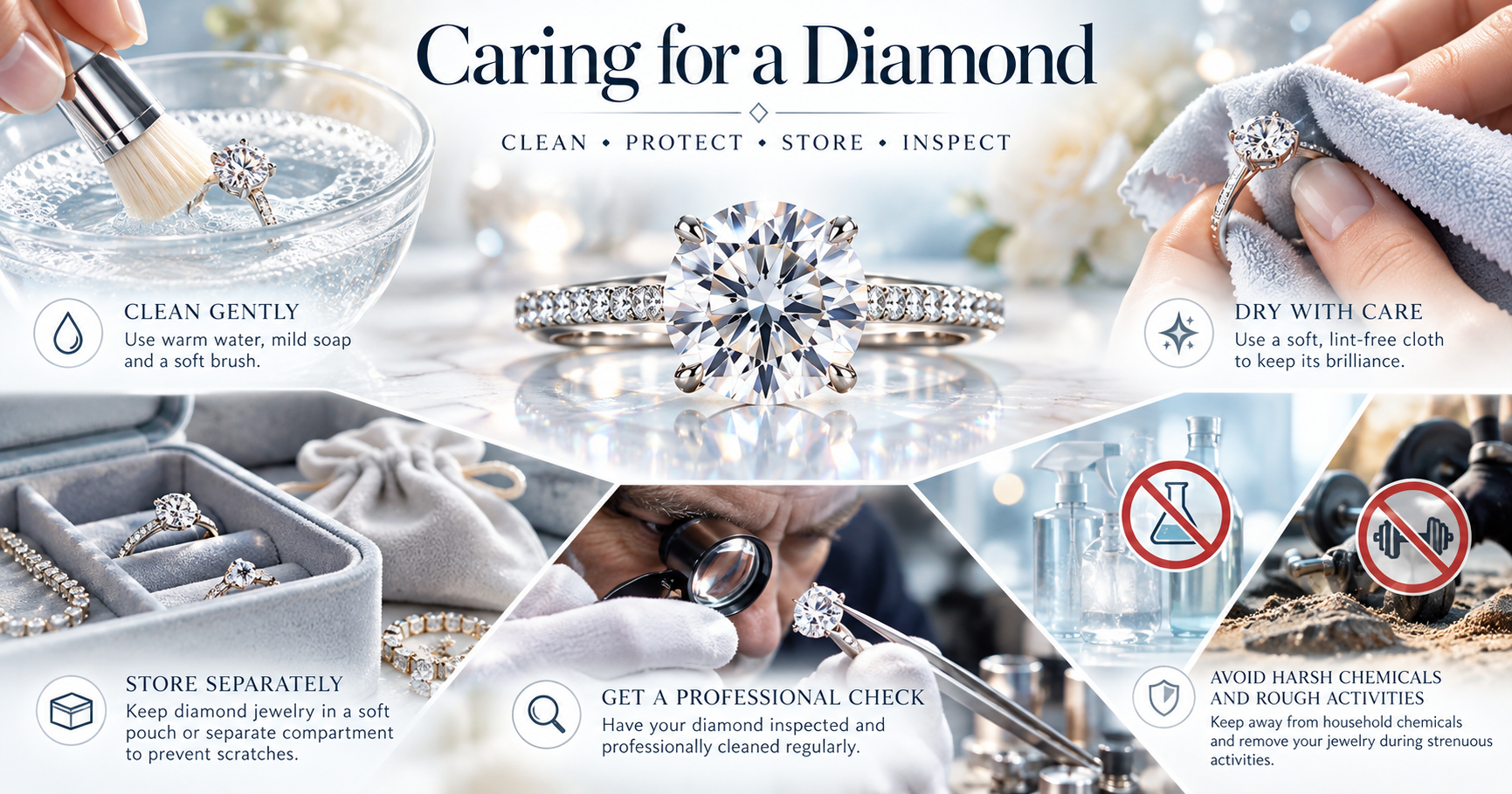 Diamond Care Diamond care montage showing cleaning, drying, storage, inspection and protection of diamond jewelry