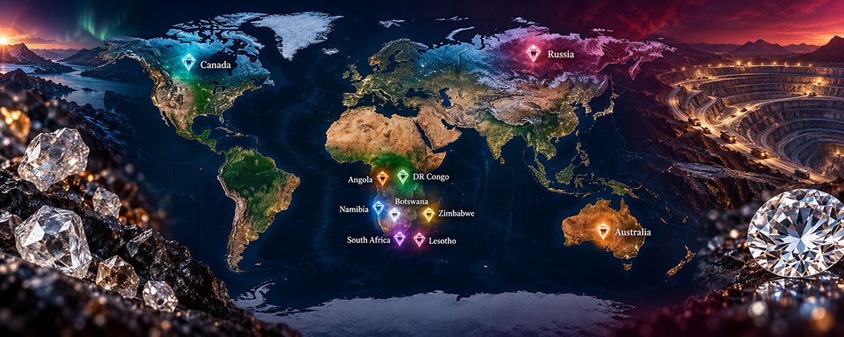 World map showing major diamond-producing countries and important diamond mining regions